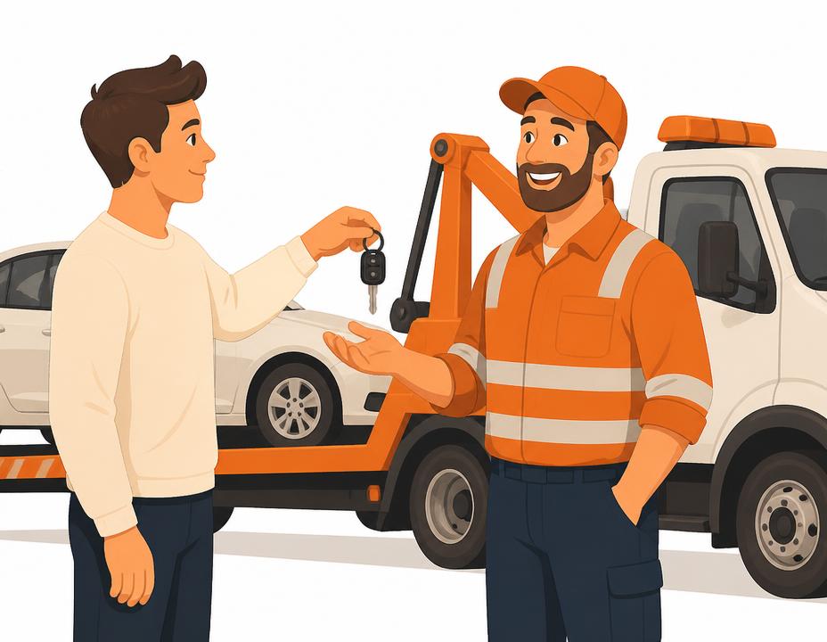 Illustration of a seller handing car keys to a friendly wrecker driver